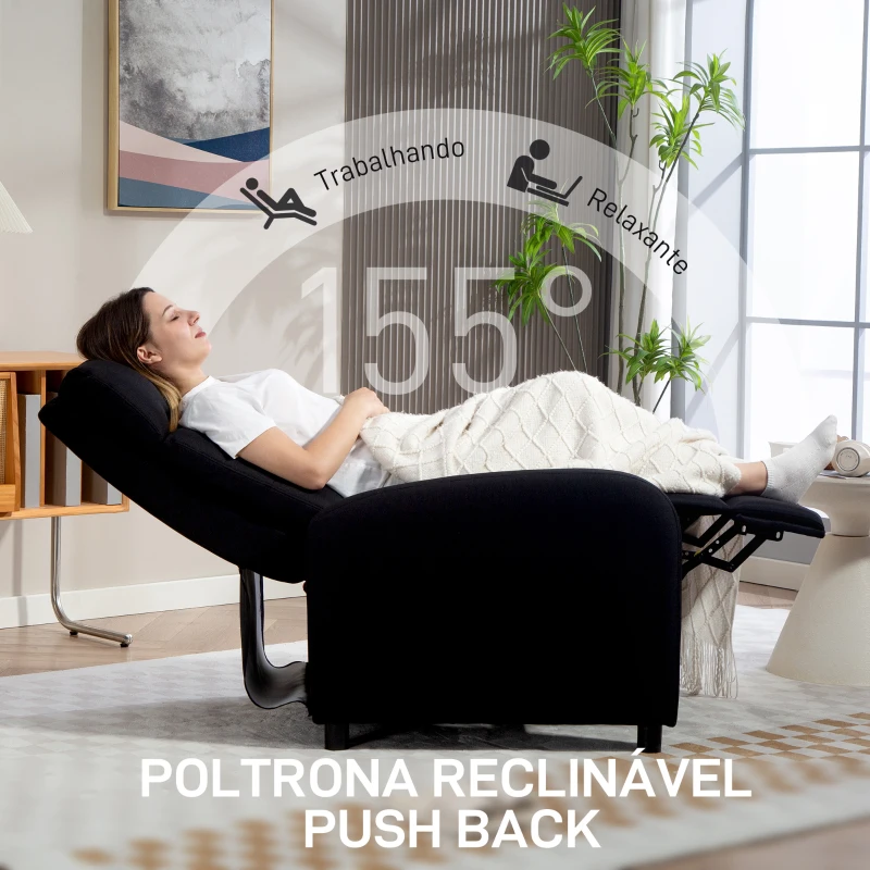 HOMCOM Poltrona Relax Reclinável até 155° Poltrona Reclinável Manual para Pessoas com Altura Inferior 195 cm 67x87x98 cm Preto