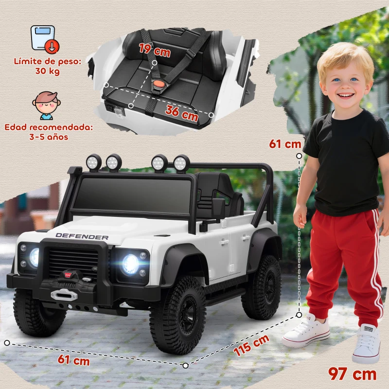 AIYAPLAY Coche Eléctrico para Niños con Licencia Land Rover 12V Control Remoto Sistema de Suspensión USB MP3 Faros Blanco
