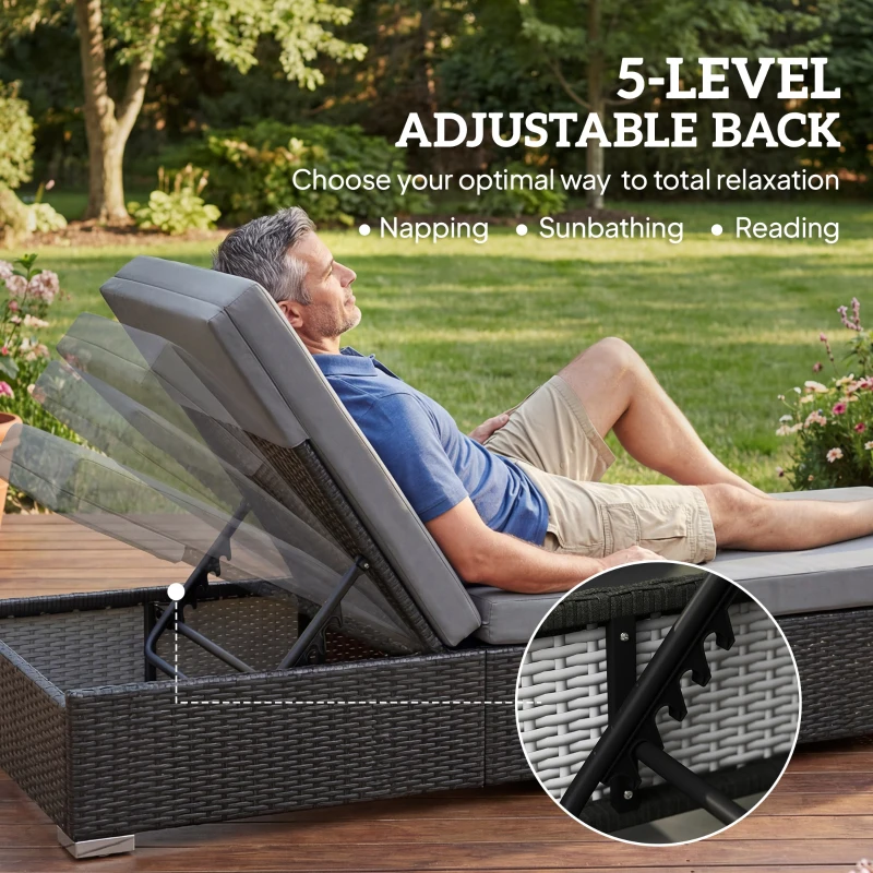 Outsunny Rattan Sun Loungers Set of 2 with Side Table, Garden Recliner Sunbeds with Adjustable Back, Cushions, Dark Grey
