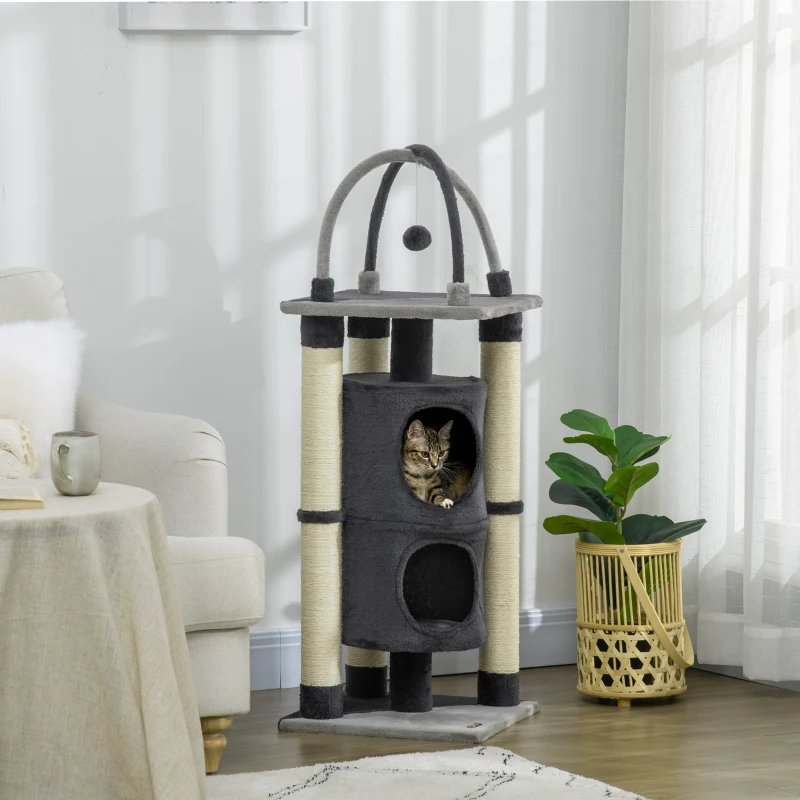 PawHut Tiragraffi per Gatti max 5kg con Casetta, Lettino e Pallina da Gioco, in Truciolato, Peluche e Iuta, 39x39x114 cm