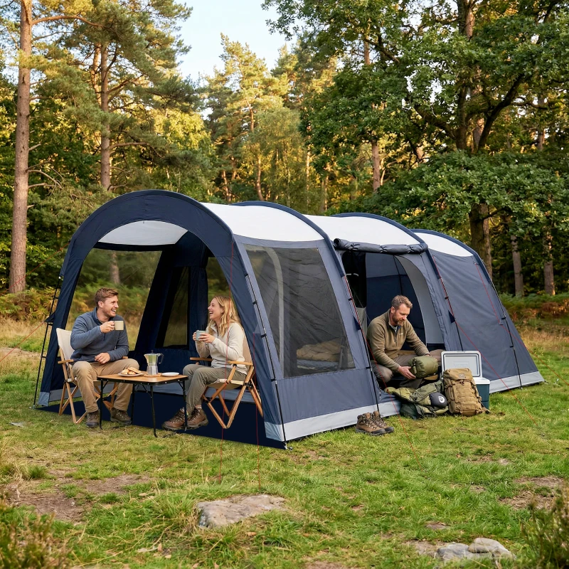 Outsunny Tenda Campeggio a Tunnel per 2-4 Persone Alta 210cm con 2 Stanze, Impermeabile 3000mm per Trekking, Blu navy