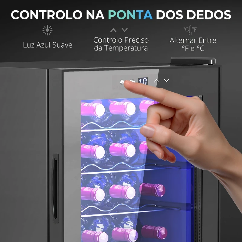 HOMCOM Frigorífico para Vinhos 20 Garrafas com Compressor, Porta Anti-UV, 5-18 °C, Painel Tátil, Luz LED, 39 dB, Preto