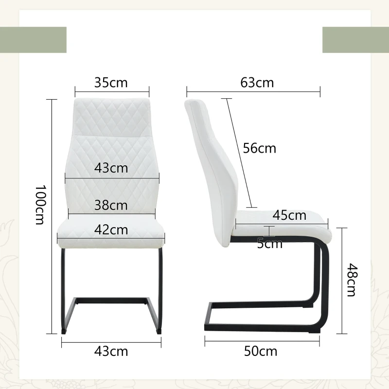 Chaise de salle à manger matelassée motif losange, dossier haut ergonomique, lot de 2, 43x63x100 cm, Blanc+Noir