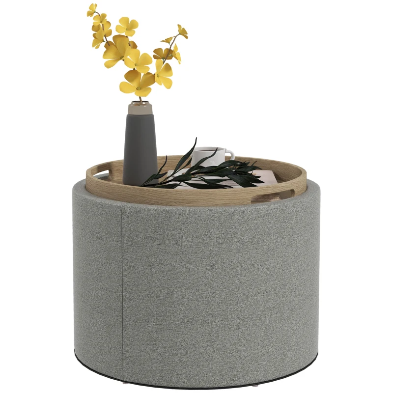 HOMCOM Ronde Opbergpoef met bekleding, linnen, verborgen opbergruimte, omkeerbare deksel, 56 cm x 56 cm x 42 cm, Grijs + Natuurlijk