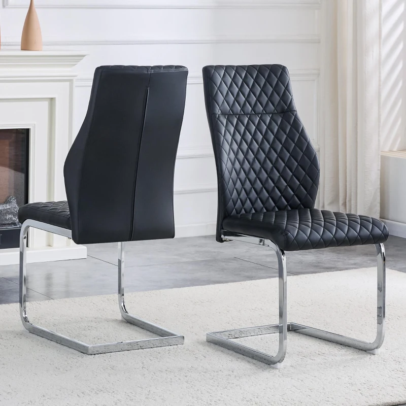 Chaise de salle à manger matelassée motif losange, dossier haut ergonomique, lot de 2, 43x63x100 cm, Noir+Argenté