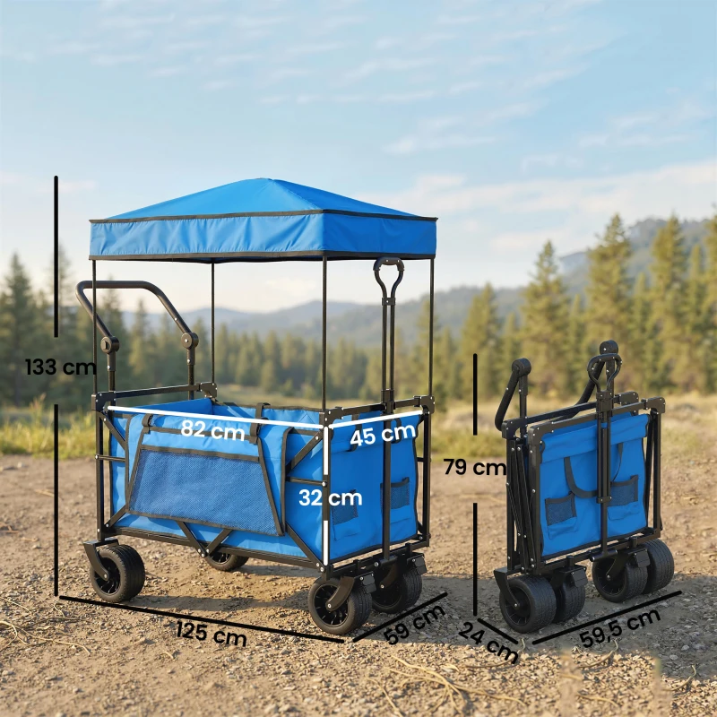 Outsunny Carro de Jardín Plegable con Ruedas Grandes Bloqueables Barra Ajustable Portavasos para Campaña 125x59x133 cm Azul