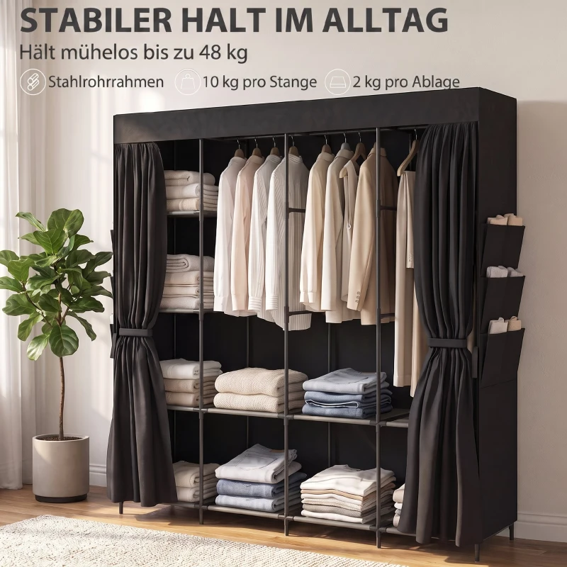 HOMCOM Stoffen kledingkast, stofdicht en draagbaar, 5 kledingroedes, 170 x 45 x 167 cm, zwart