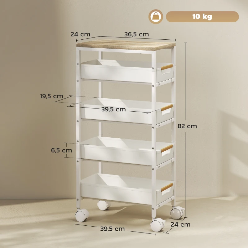 HOMCOM 5-laagse Keukentrolley, Houten Uiterlijk, Rolbaar, Metalen Frame, 4 Lades, Wit