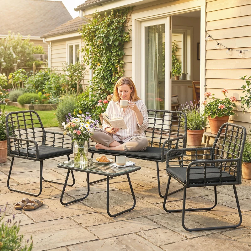 Outsunny 4 Piece Rattan Garden Furniture Set, Outdoor Patio Furniture with Loveseat, Armchairs and Coffee Table