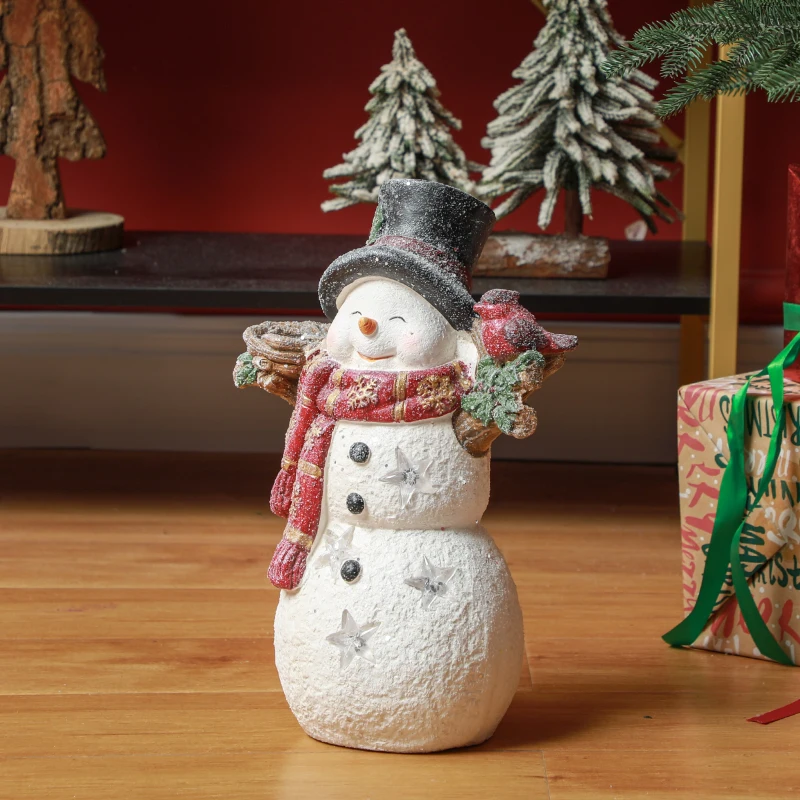 HOMCOM Kerstdecoratie, Sneeuwman met Vogel, 4 warmwitte LEDs, op batterijen, 25 x 15,5 x 38 cm