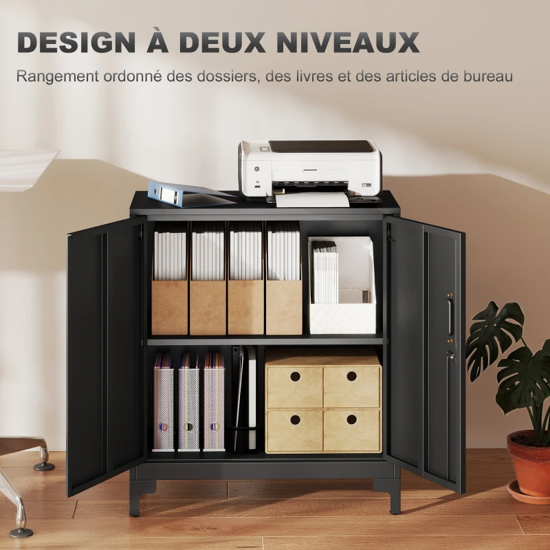HOMCOM Armoire de bureau à 2 niveaux, meuble de rangement bureau métallique avec 2 portes verrouillables, 80 x 35 x 91 cm, noir