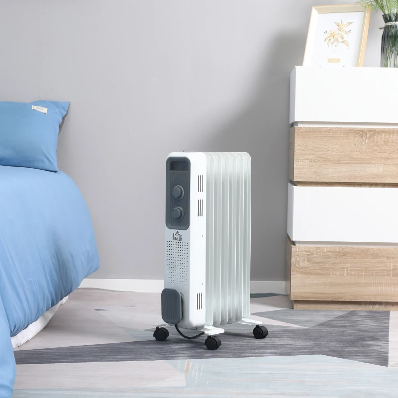 HOMCOM Portable Oil Filled Radiator, 7 Fins Electric Heater with Adjustable Thermostat, 3 Heat Settings and Safe Power-Off, White