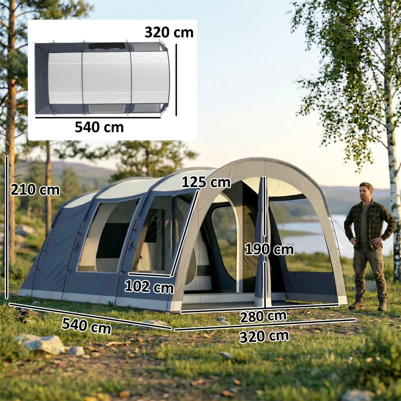 Outsunny Tenda Campeggio a Tunnel per 2-4 Persone Alta 210cm con 2 Stanze, Impermeabile 3000mm per Trekking, Blu navy
