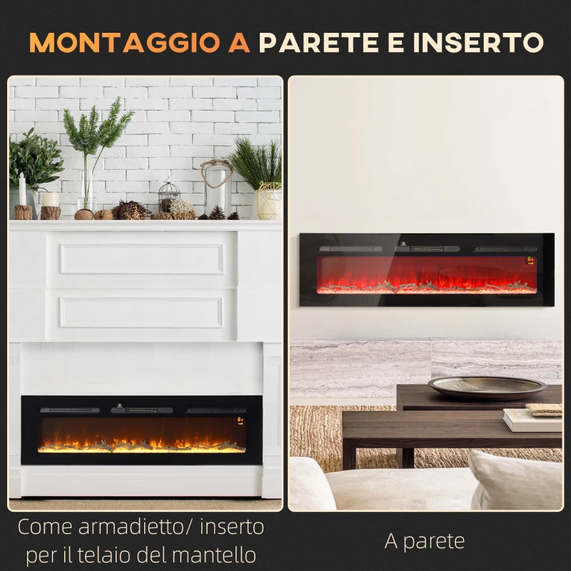 HOMCOM Camino Elettrico 1800W Regolabile con Telecomando, in Acciaio e Vetro Temperato, 152.4x15.8x45 cm, Nero