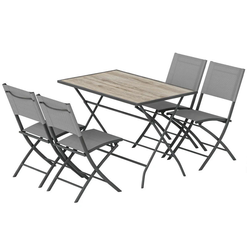 Outsunny Tuinmeubelset Inklapbaar Eetset 5-delig Tafel met 4 Ademende Stoelen Houtlook Ruimtebesparend