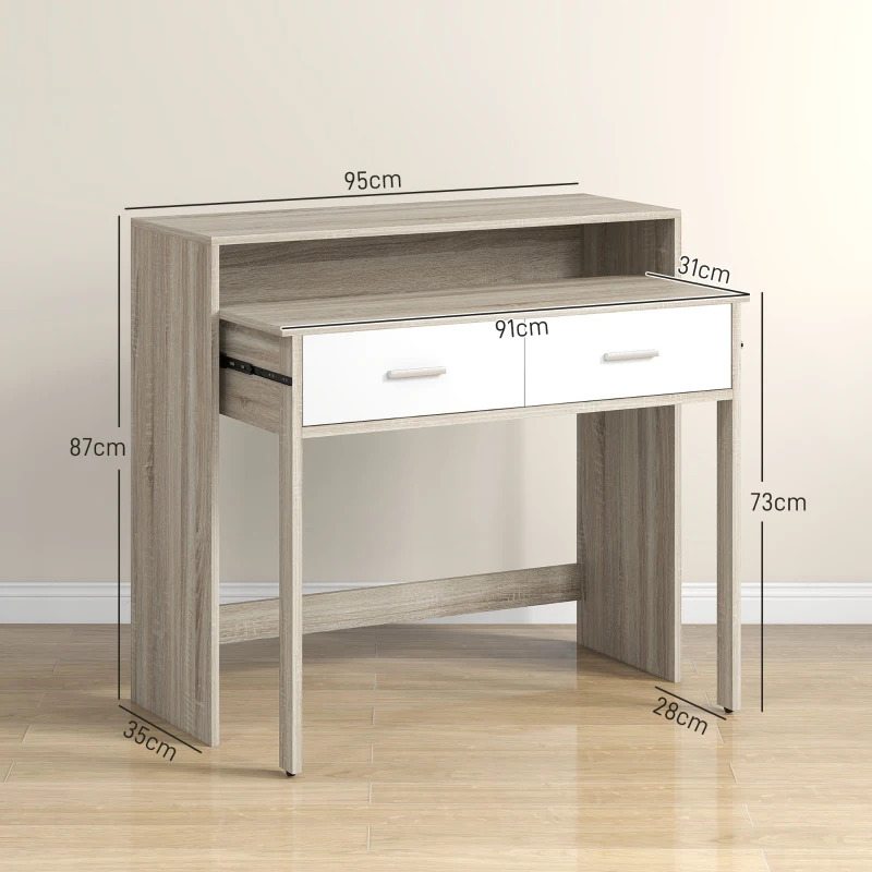 HOMCOM Masă Consolă cu 2 Niveluri, Blat Extensibil și 2 Sertare din Lemn, 95x35x87cm, Stejar
