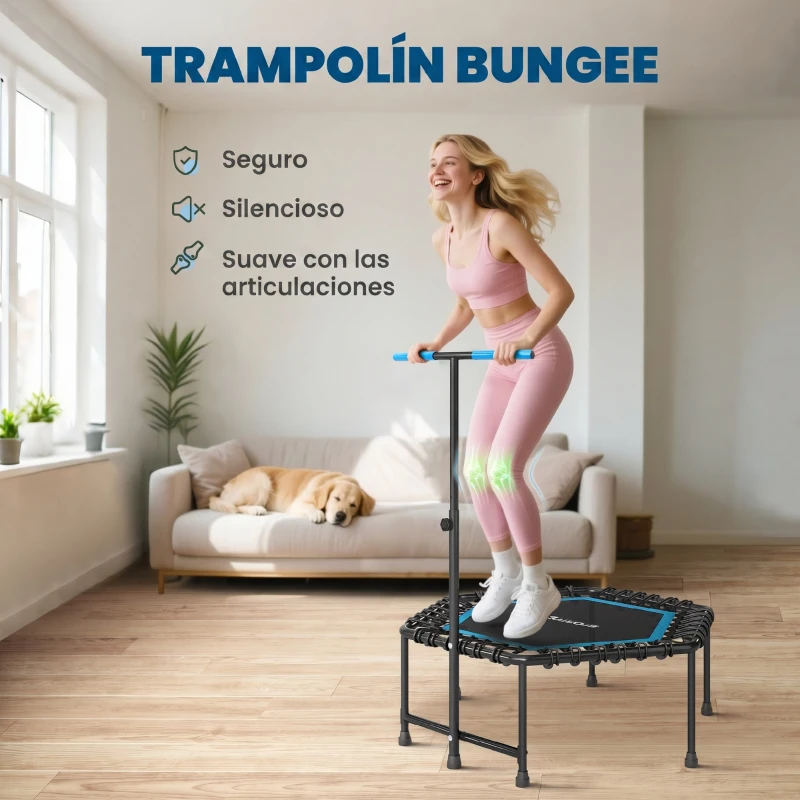 SPORTNOW Trampolín de Fitness 114x114x132 cm con Mango Ajustable de 3 Niveles y Marco de Acero Azul