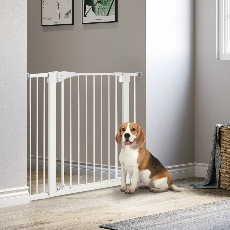 PawHut Cancelletto per Cani Taglia Piccola e Media con Doppia Serratura e Chiusura Automatica, 76-103x4.2x77 cm, Bianco