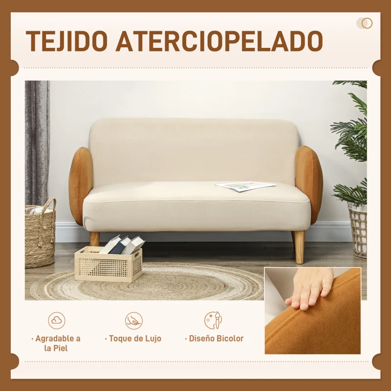 HOMCOM Sofá de 2 Plazas Tapizado en Terciopelo con Reposabrazos y Patas de Madera Sofá Pequeño Carga 240 kg 130x74x76 cm Crema