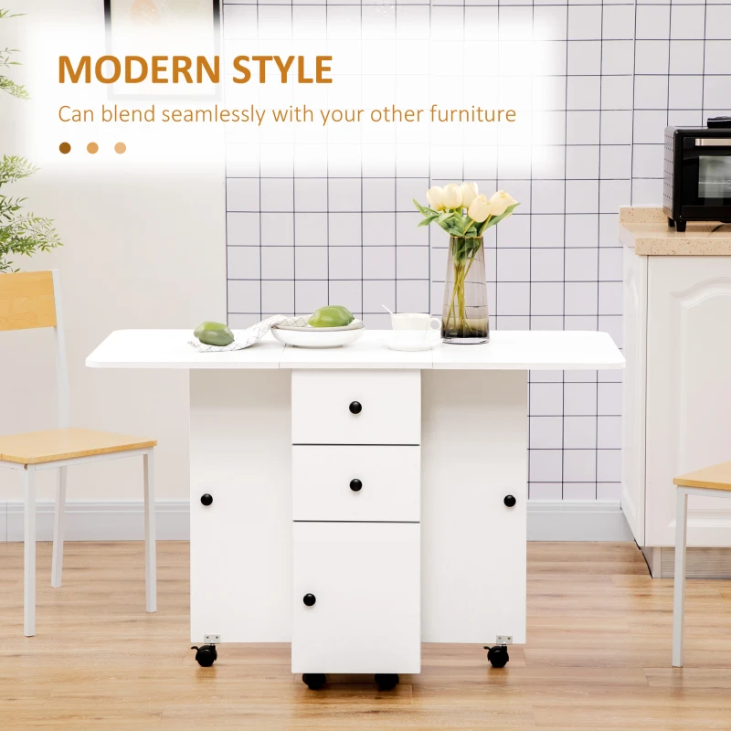 HOMCOM Multi-Storage Six-Person Drop Leaf Dining Table -  White