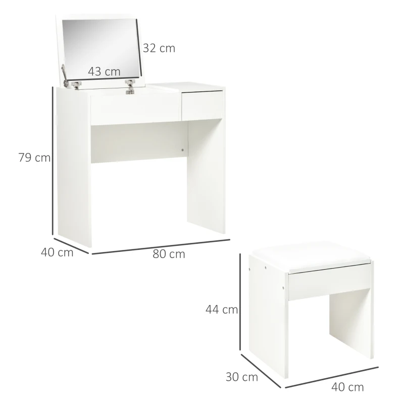 HOMCOM Make-uptafel met kruk toilettafel kaptafel inklapbare spiegel wit