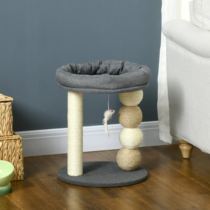 PawHut Arranhador para Gatos Pequeno Centro de Atividades para Gatos com Cama 4 Bolas e Postes de Sisal Ø40x48 cm Cinza e Bege