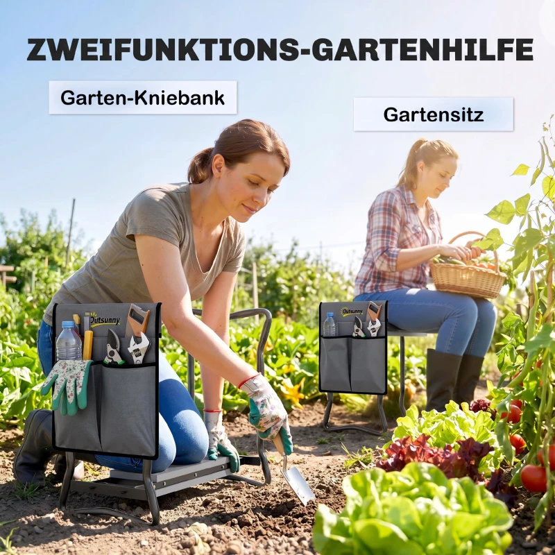Outsunny Knielbank voor tuinwerk opvouwbaar tuinhocker met kniekussen gereedschapstas tot 150 kg 58 x 28 x 49 cm Grijs