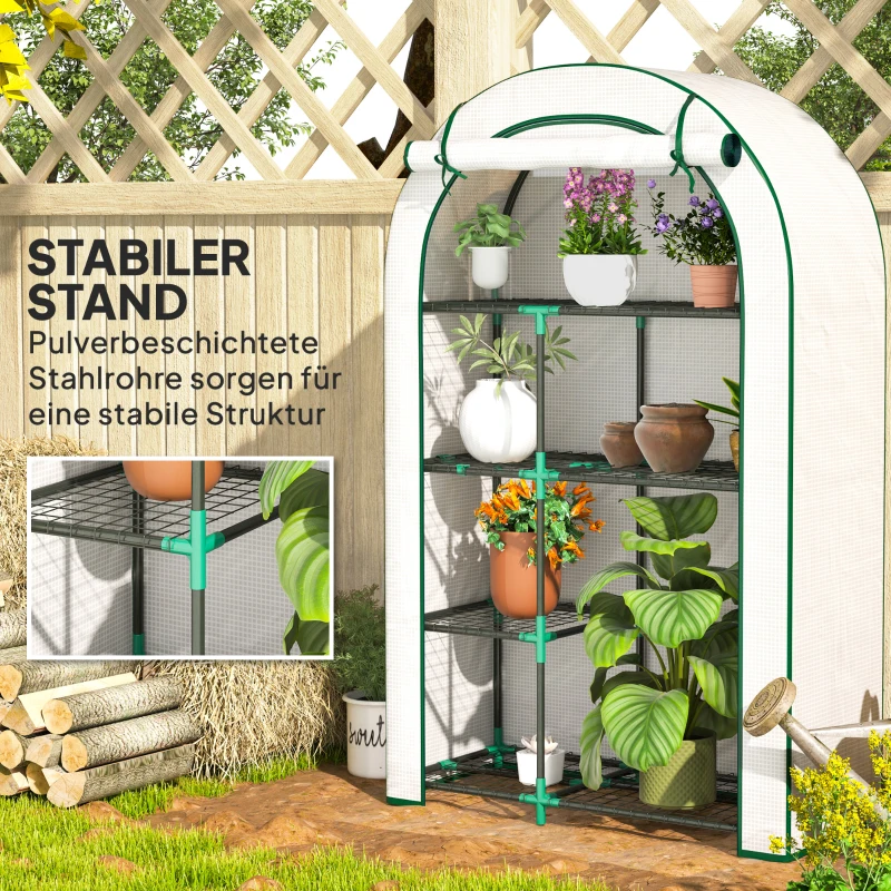 Outsunny Mini-Kas, 4-laags Kas met Kunststof Zeil, Draagbaar, met Roldeur, 100 x 45 x 160 cm, Wit