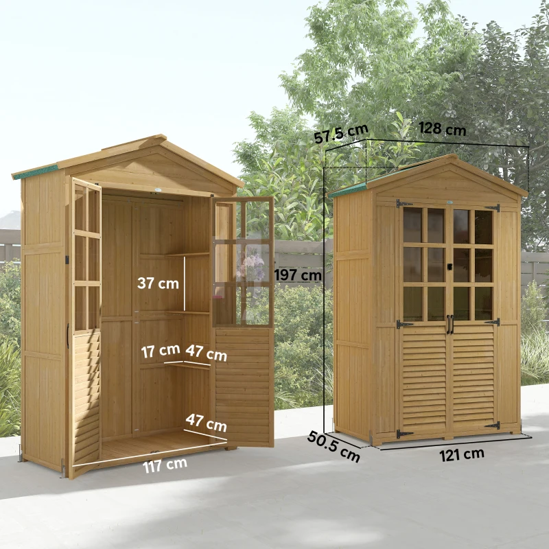 Outsunny Outdoor Wooden Storage Cabinet, Garden Tool Shed with Acrylic Windows for Patio, Light Brown