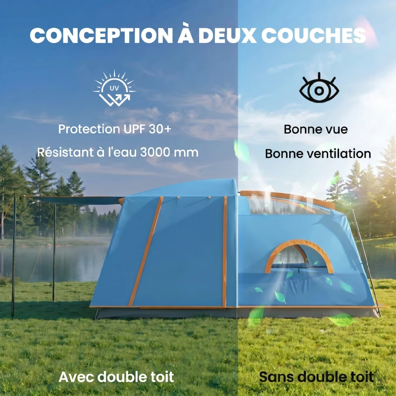 Outsunny Tente de camping familiale 4 personnes, tente tunnel , portes + fenêtres, 4,3 x 3 x 1,95 m, bleu