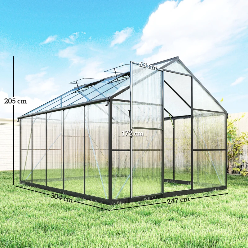 Outsunny Seră pentru grădină din policarbonat și aluminiu cu ușă batantă și 2 ferestre reglabile, 304x247x205 cm, negru