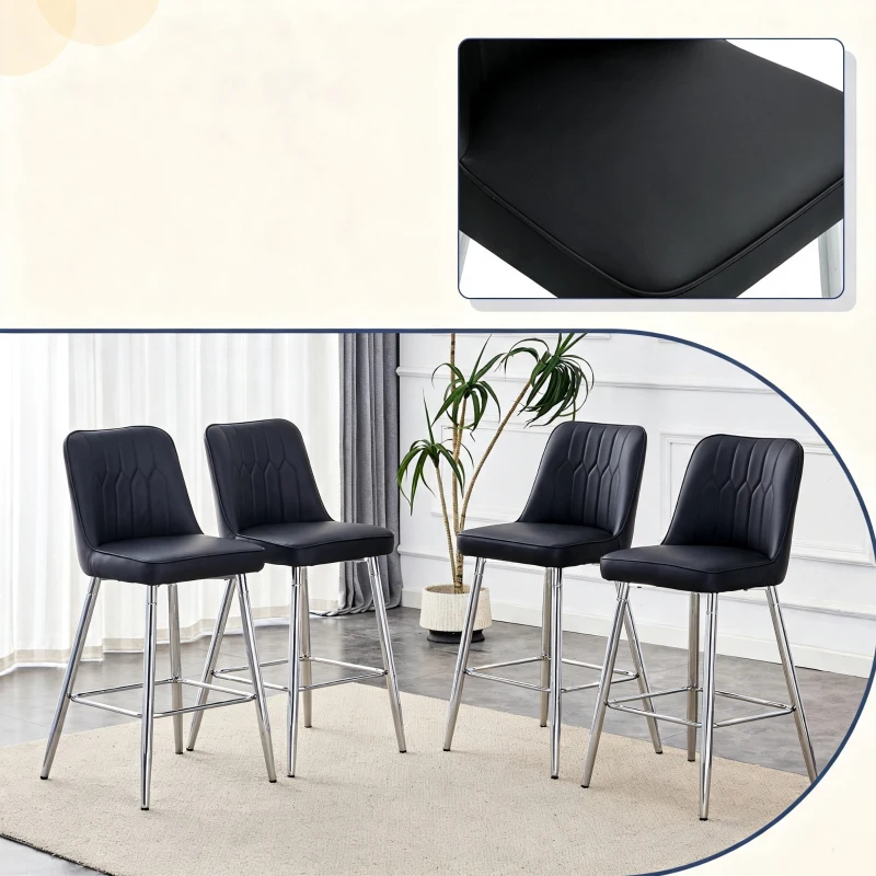 Lot de 2 tabourets de bar hauteur, design moderne et confortable, dossier incurvé et repose-pieds, 42x45x100 cm, Noir+Argenté