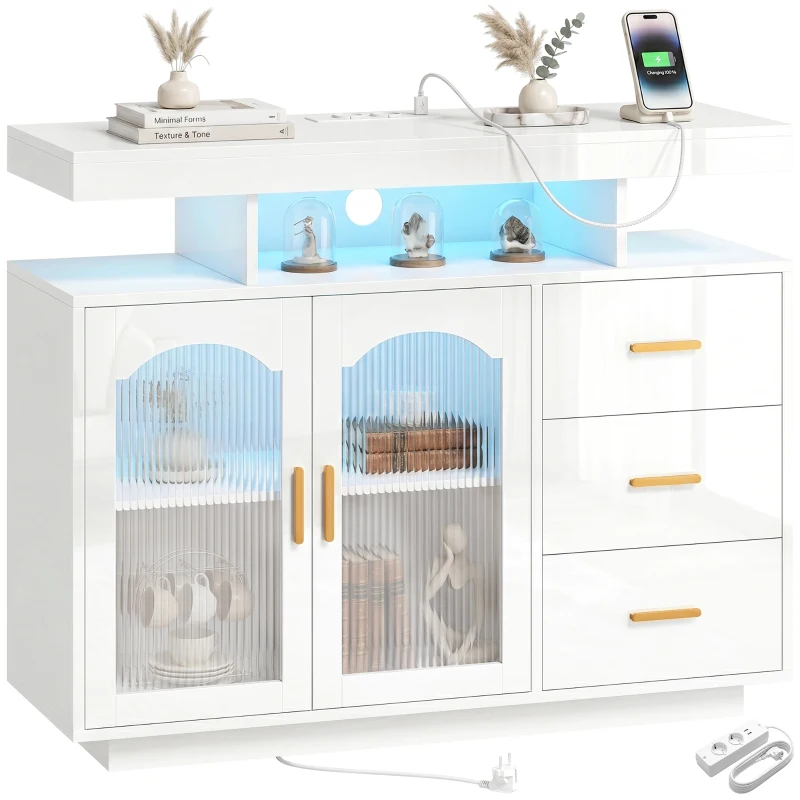 HOMCOM Dressoir met ledverlichting, ingebouwde stopcontacten, 3 lades, planken en 2 acryldeuren, hoogglans wit