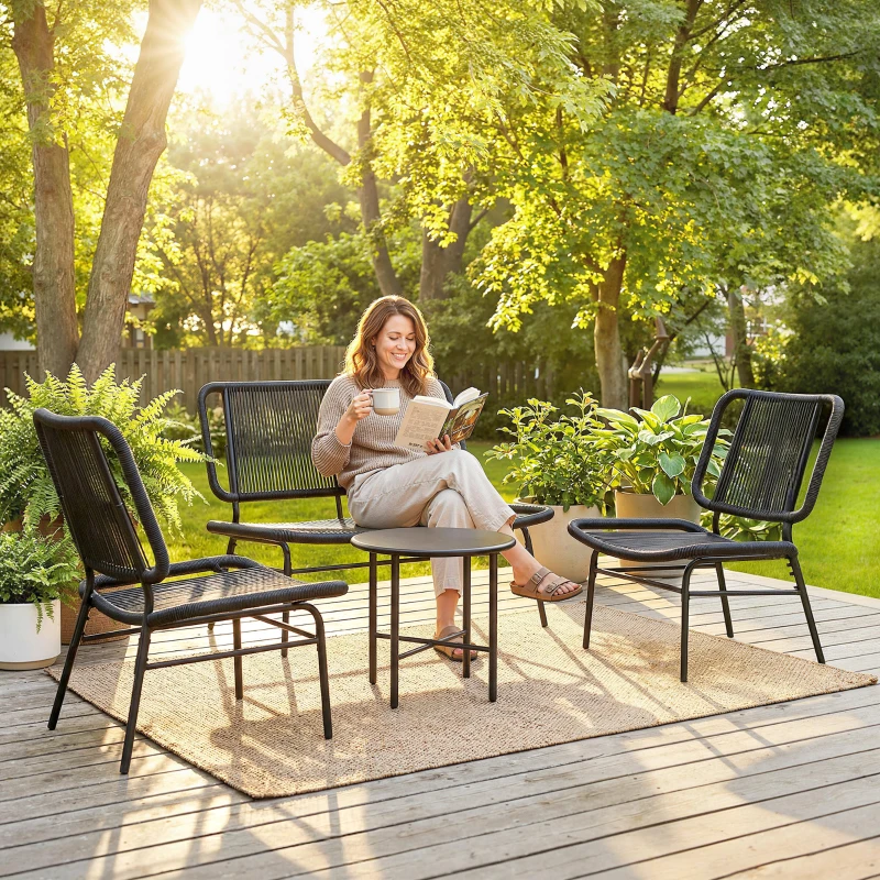 Outsunny Set Mobilier Grădină Ratan 4 Piese, Canapea pentru Exterior cu Măsuță Metalică, Negru