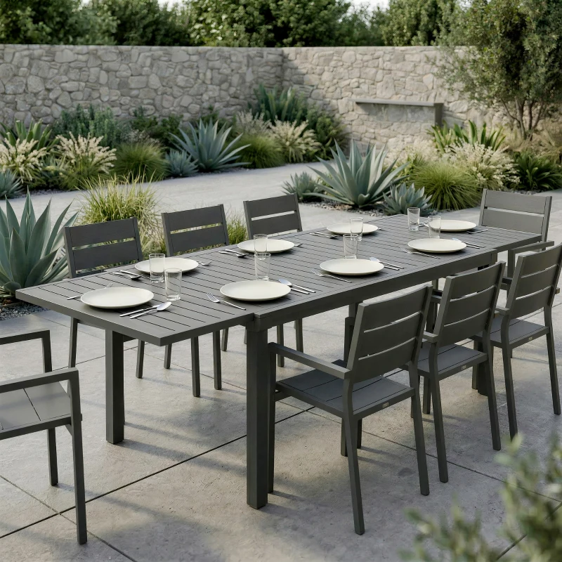 Outsunny Mesa de Jardín Extensible 150/225x85x75 cm Mesa de Comedor de Aluminio con Tablero de Listones para 6-8 Personas Gris