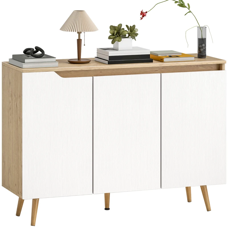 HOMCOM Buffet salon, meuble de rangement, 3 portes, étagères réglables et pieds en bois d'hévéa, 107x35x76,5cm, blanc et chêne