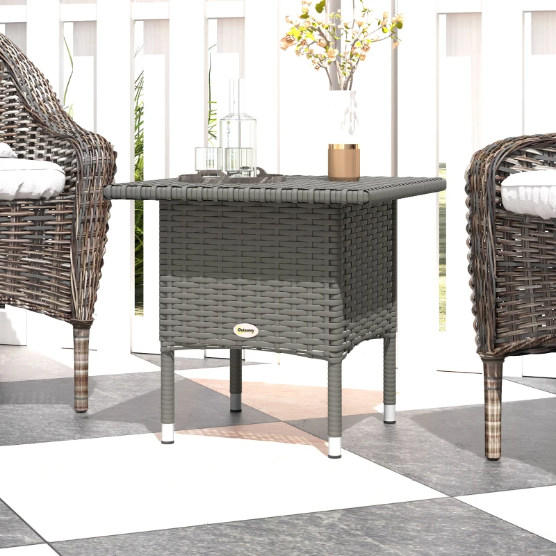 Outsunny Rattan Side Table, Outdoor Coffee Table with Plastic Board Under the Full Woven Table Top for Patio, Garden, Balcony, Grey