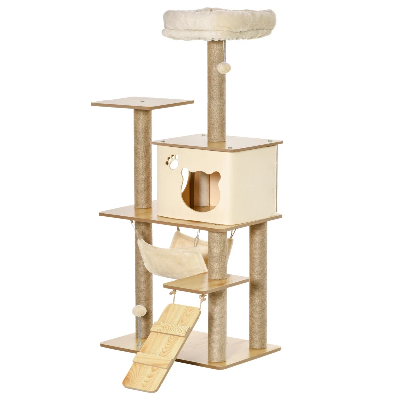 PawHut Árbol Rascador para Gatos 130 cm, Árbol para Gatos con 5 Plataformas, Hamaca, Escalera, Cueva, Postes de Yute, Bola Colgante, Beige