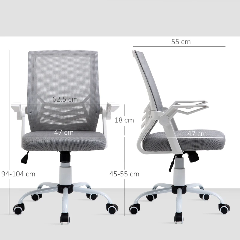 Vinsetto Sedia da Ufficio Ergonomica con Braccioli e Supporto Lombare, in Tessuto Effetto Lino, 62.5x55x94-104 cm, Grigia