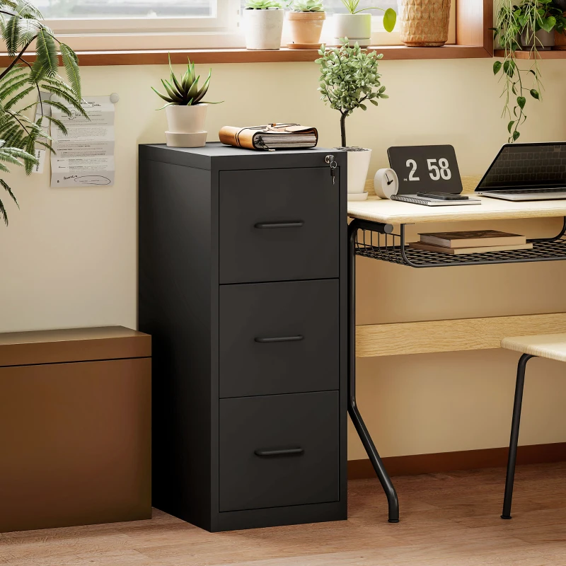 HOMCOM Schedario Portadocumenti Minimal a 3 Cassetti con Barra Regolabile, in Acciaio, 36.5x46.2x99 cm, Nero
