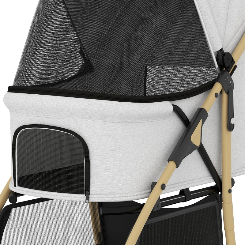 PawHut Carrinho para Animais de Estimação com Capota Ajustável e Cesta de Armazenamento 80x44,5x97 cm Cinzento Claro