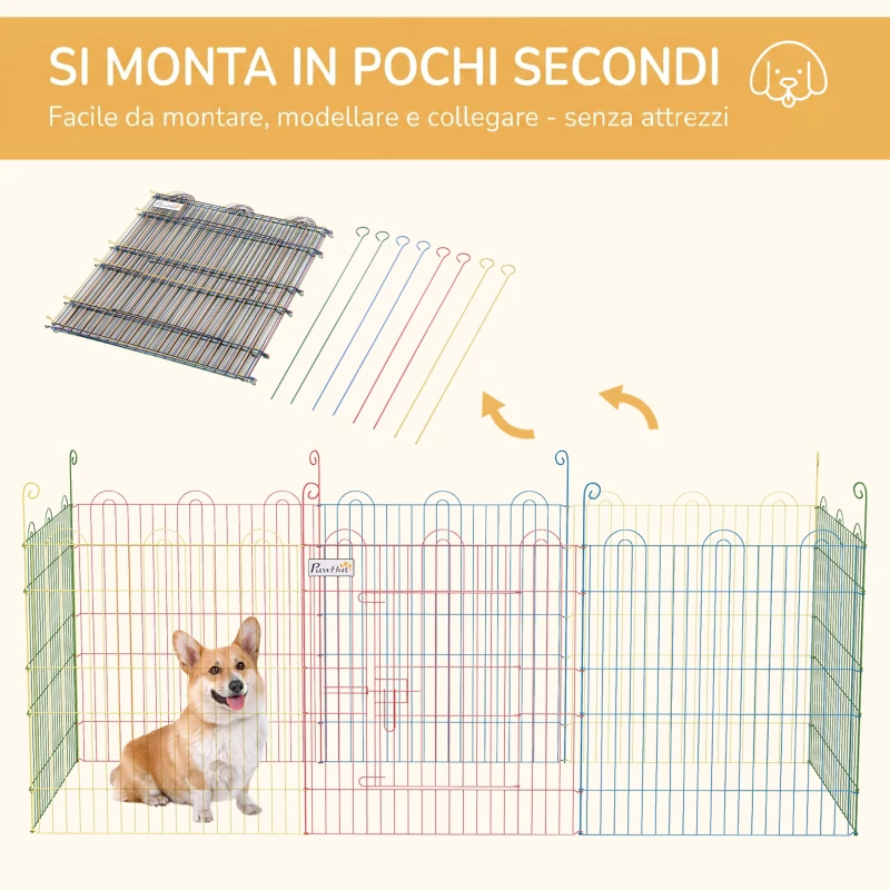 PawHut Cancellino per Cani a 8 Pannelli con Chiusura a Scatto, per Cani Taglia Media in Acciaio, Ø156x60 cm, Multicolore