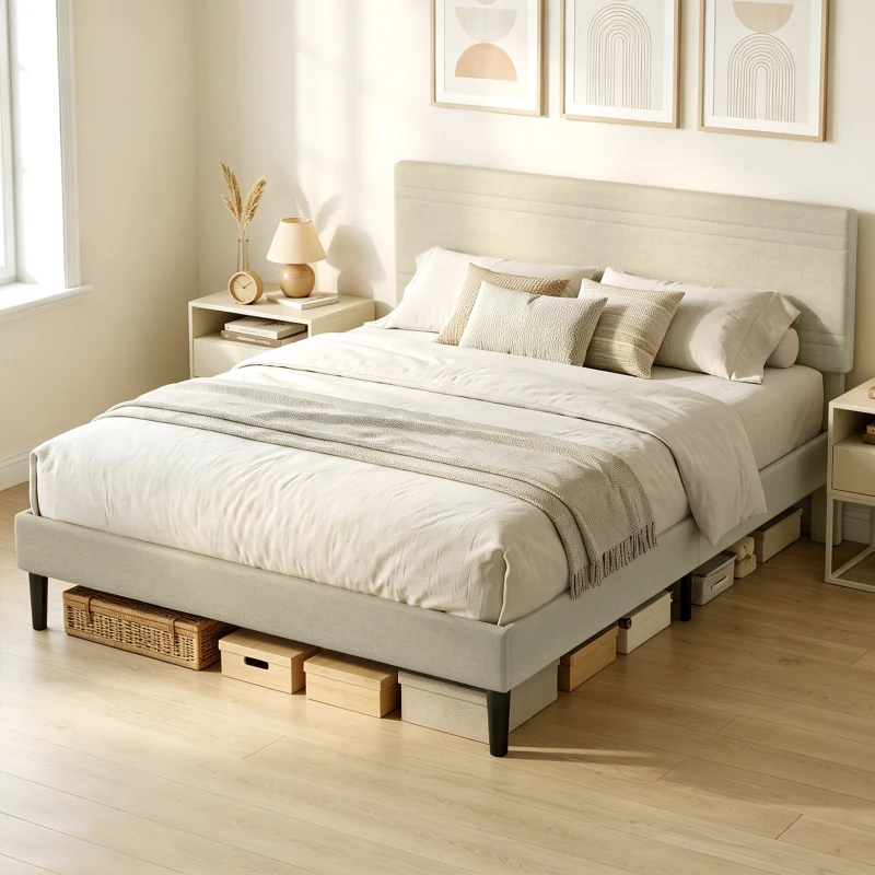 HOMCOM Estructura de Cama 160x200 cm con Somier de Madera Acolchada en Efecto Lino y 9 Patas de Acero Beige