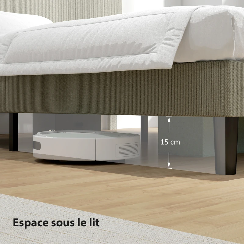 HOMCOM Cadre de lit 160 x 200 cm, sommier à lattes en bois, tête de lit réglable, lit double rembourré en velours côtelé, gris