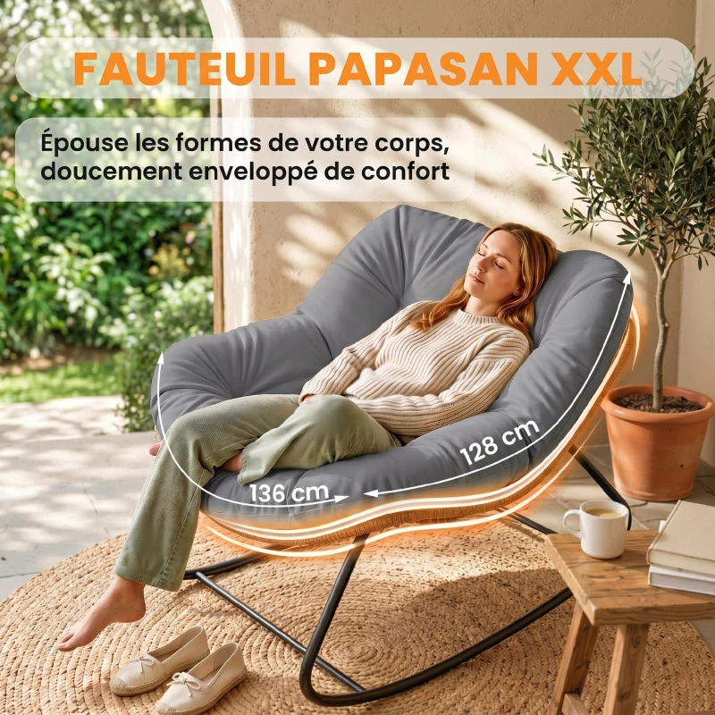 Outsunny Fauteuil à Bascule Papasan Intérieur Extérieur, Chaise Ovale à Bascule Rembourrée pour Jardin, Patio, Gris