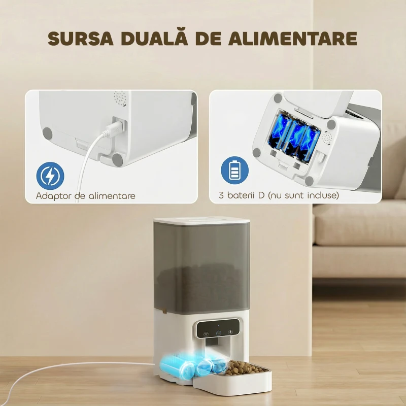 PawHut Distribuitor Automat de Hrană pentru Pisici 4.5L cu Aplicație și Înregistrator Vocal