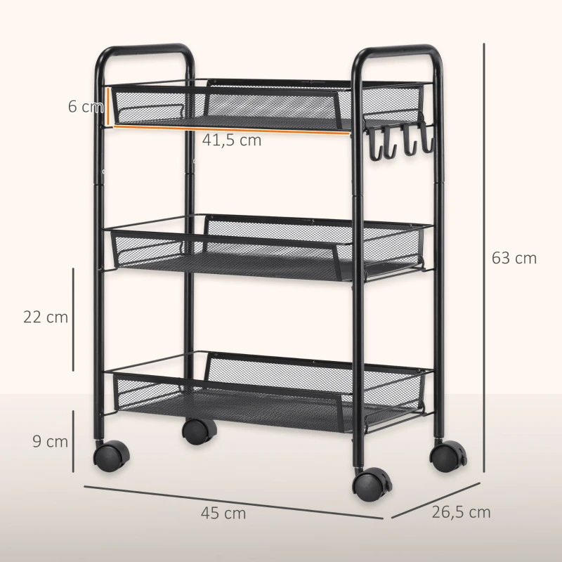HOMCOM Carrinho de Cozinha em Aço com 3 Cestos e Rodas, Suporta 9 kg, Cozinha, Casa de Banho e Lavandaria 45x26,5x63 cm,  Preto