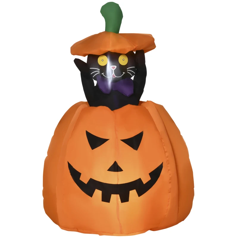 Outsunny pompoengeest met bewegende kat Helloween tuindecoratie opblaasbare LED-verlichting 76 x 64 x 115 cm