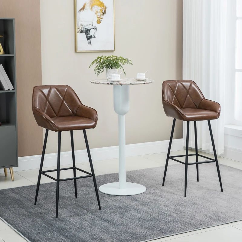 HOMCOM Conjunto de 2 Bancos Altos Estofados em PU com Encosto Alto Pés de Aço e Apoio para os Pés 50x47,5x102,5cm Marrom