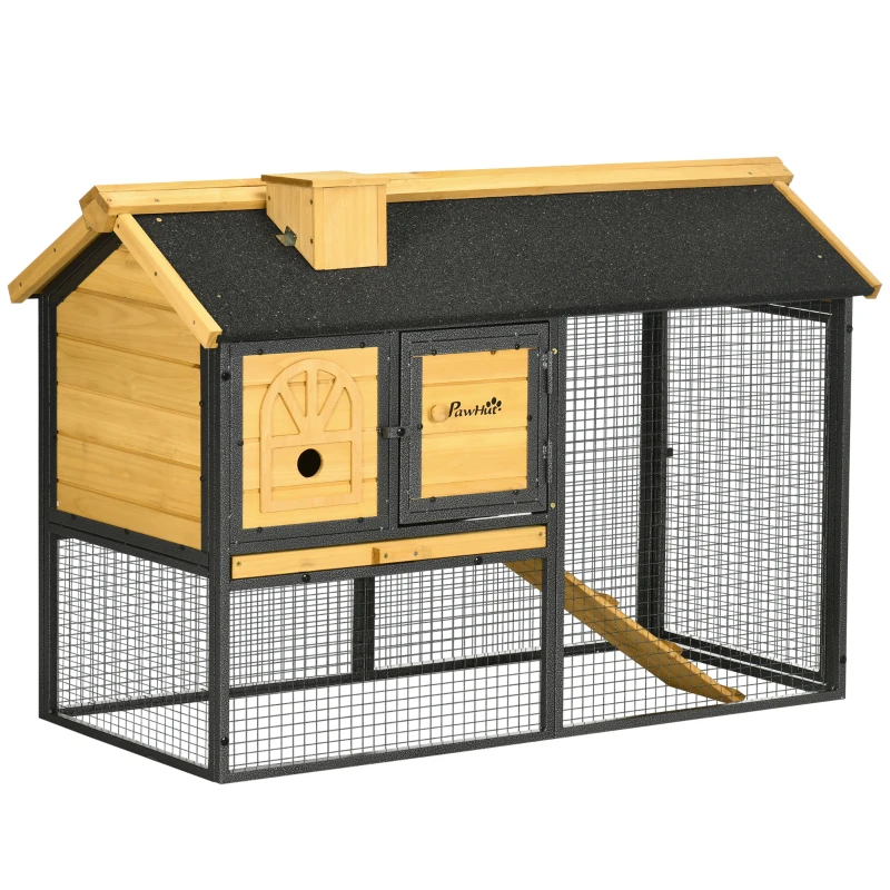 PawHut Conigliera da Esterno a 2 Livelli in Legno di Abete e Acciaio con Vassoio Rimovibile, 120x55.5x80 cm